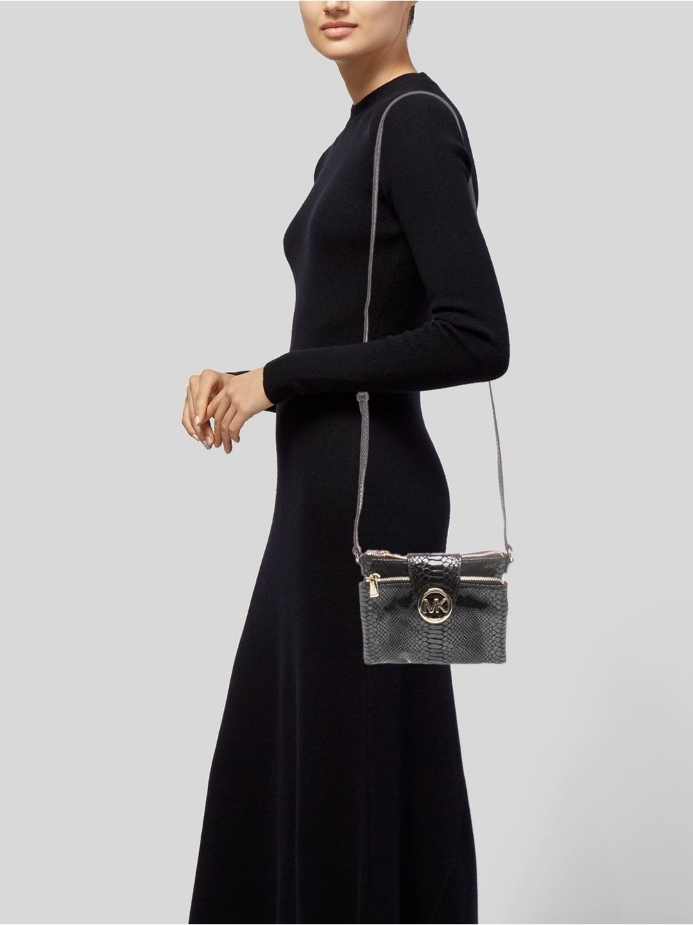 Michael Kors |  Black snakeskin embossed leather crossbody bag